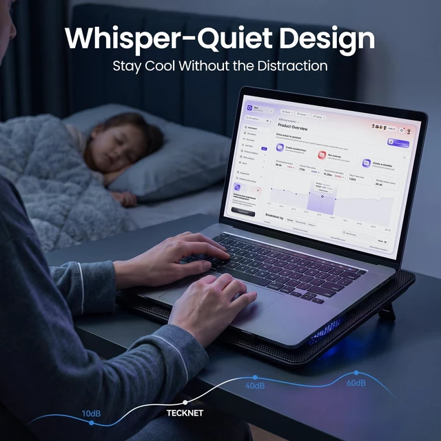 Alt view image 5 of 7 - Laptop Cooling Pad, Portable Slim Laptop Cooler for 12"-17" Laptops | 60% High-Efficiency Cooling, Whisper-Quiet Design, Dual USB Ports, LED Working Indicator, Alloy Material Mesh