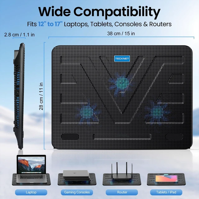Alt view image 6 of 7 - Laptop Cooling Pad, Portable Slim Laptop Cooler for 12"-17" Laptops | 60% High-Efficiency Cooling, Whisper-Quiet Design, Dual USB Ports, LED Working Indicator, Alloy Material Mesh