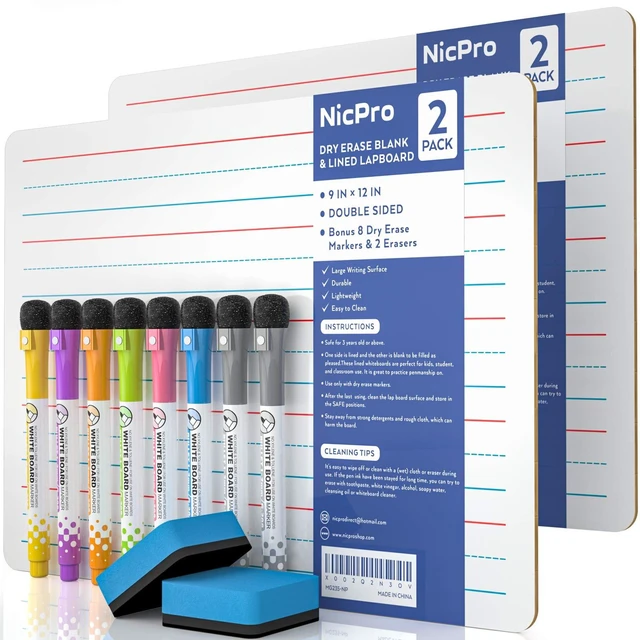 Main image of Dry Erase Lap Board 9 x 12 inches 2 Pack Ruled Kid Double Sided | Blank & Lined Small Lapboard with 8 Pens, 2 Eraser, Learning Mini Whiteboard Portable for Student and Classroom Use