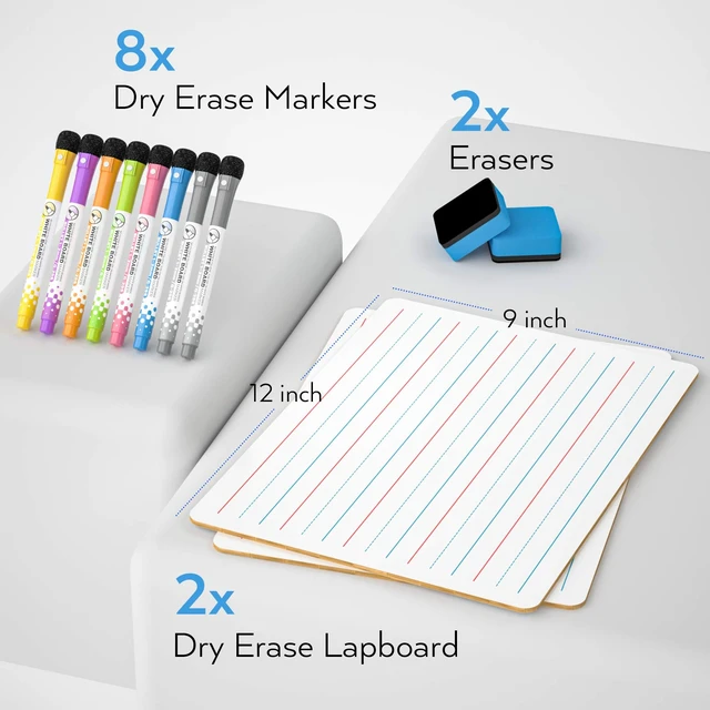 Alt view image 2 of 7 - Dry Erase Lap Board 9 x 12 inches 2 Pack Ruled Kid Double Sided | Blank & Lined Small Lapboard with 8 Pens, 2 Eraser, Learning Mini Whiteboard Portable for Student and Classroom Use
