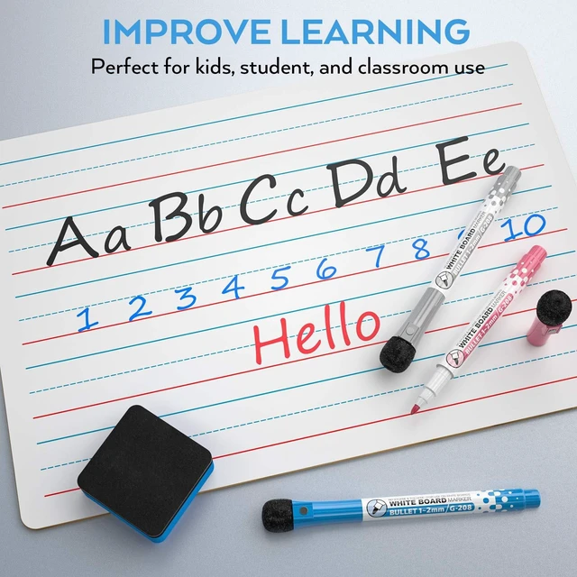 Alt view image 6 of 7 - Dry Erase Lap Board 9 x 12 inches 2 Pack Ruled Kid Double Sided | Blank & Lined Small Lapboard with 8 Pens, 2 Eraser, Learning Mini Whiteboard Portable for Student and Classroom Use