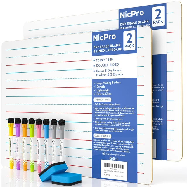 Main image of Dry Erase Board with Lines 12 x 16 in, 2 Pack Kid Double Sided Lined | White Board Dry Erase with 8 Pens, 2 Eraser, Small Learning Whiteboards for Kids, Students, Homeschool Essentials Supplies