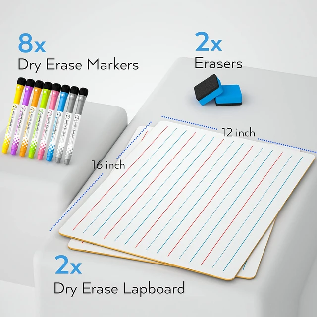 Alt view image 3 of 6 - Dry Erase Board with Lines 12 x 16 in, 2 Pack Kid Double Sided Lined | White Board Dry Erase with 8 Pens, 2 Eraser, Small Learning Whiteboards for Kids, Students, Homeschool Essentials Supplies