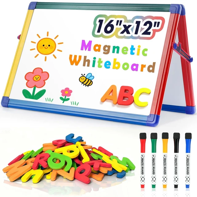 Main image of Dry Erase White Board for Kids16x12 inch Tabletop Whiteboard | Portable & Foldable Whiteboard, Table Top Small Whiteboard with Stand, Includes 82 Letter Magnets, for Classroom, Homeschool