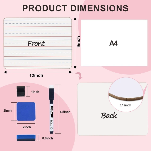 Alt view image 2 of 7 - Set of 24 Dry Erase Boards, Double Sided Small Whiteboards with Lines for Kids, Students, Teacher & Classroom Pack, 9"x12" Mini Individual White Boards Lined for Writing with 24 Markers, 24 Erasers