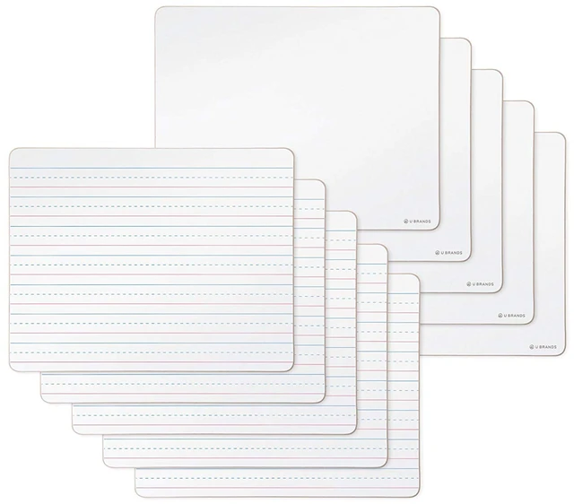 Main image of Mini Dry Erase Board for School, 10 Count | Ten 9 x 12 white boards for students, a handheld whiteboard small enough for a lap, lined on one face and blank on the other.