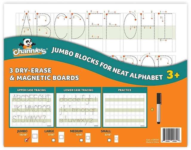 Main image of Visual Handwriting Magnetic Dry-Erase Board, Jumbo Letter Board with Big Blocks for Neat Upper and Lower Case Alphabet, ABCs Writing Practice with Tracing Letters and Blanks, 3-Pack