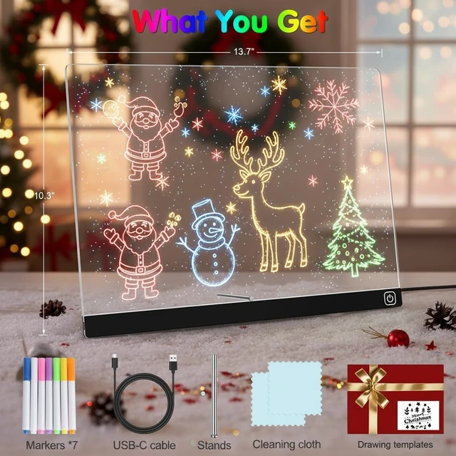 Alt view image 2 of 7 - LED Note Board with Colors, 13.7"X10" Light Up Acrylic Dry Erase Board Led Drawing Board 7 Colors Message Board Night Light with 7 Markers for Birthday Party Christmas Gift