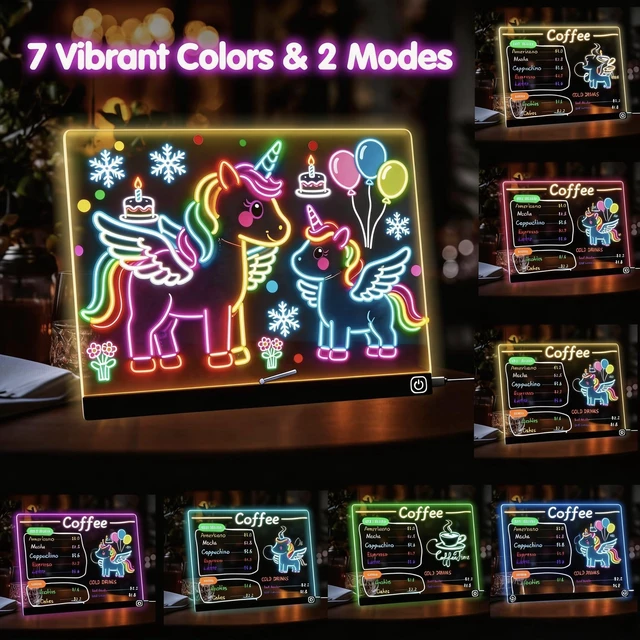 Alt view image 3 of 7 - LED Note Board with Colors, 13.7"X10" Light Up Acrylic Dry Erase Board Led Drawing Board 7 Colors Message Board Night Light with 7 Markers for Birthday Party Christmas Gift