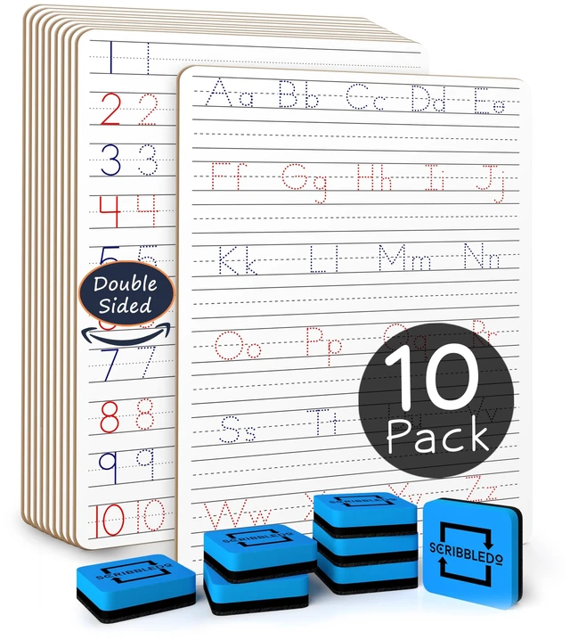 Main image of Letter Tracing Board, Dry Erase Whiteboard with Erasers 10 Pack | Double Sided, Includes 10 Erasers, Dotted Guided Letters and Numbers for Ages 3 To 5