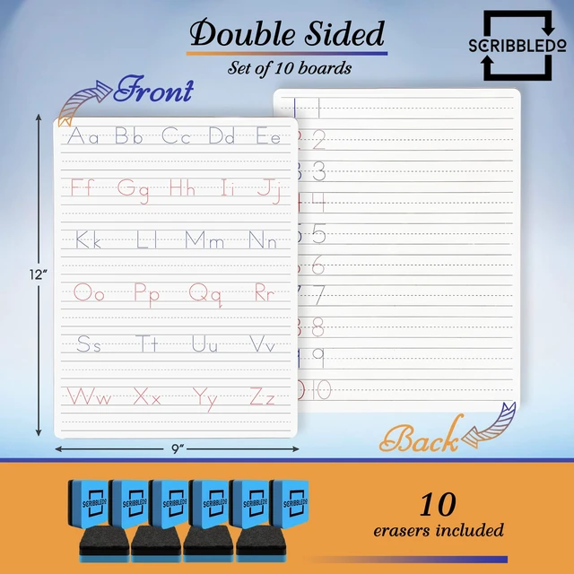 Alt view image 2 of 7 - Letter Tracing Board, Dry Erase Whiteboard with Erasers 10 Pack | Double Sided, Includes 10 Erasers, Dotted Guided Letters and Numbers for Ages 3 To 5