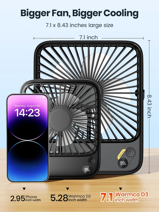 Alt view image 6 of 7 - D3 10000mAh Portable Travel Fan, 7-inch Wide, 10-24H Battery Life | Ultra-Slim, Quiet Operation, Battery Powered Fan with Digital Display for Sleeping, Camping, Office, Cruise Essentials