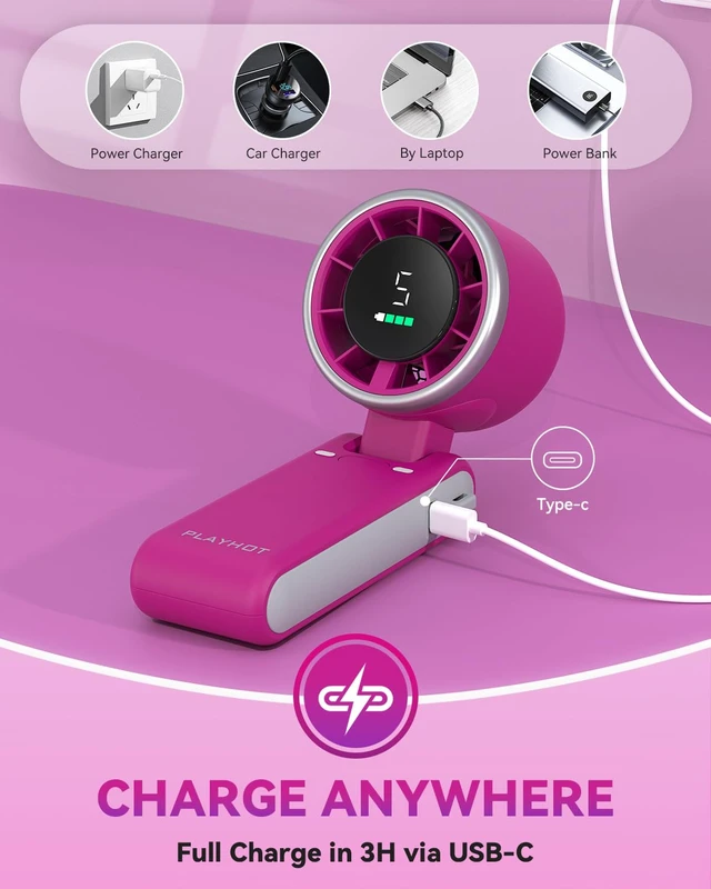 Alt view image 5 of 7 - Portable Handheld Turbo Fan, Travel Essentials, Gifts for Women/Men | 5-Speed, Up to 12H, 10m/s Airflow, USB-C Rechargeable, LED Display, 3-in-1 Foldable Personal Fan for Cruise, Beach, Vacation