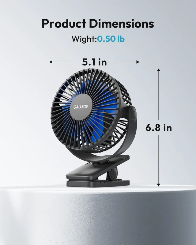 Alt view image 7 of 7 - Portable Clip on Fan, Mini Personal Quiet Rechargeable Fan | Battery Operated, Small 3 Speed 360° Rotate, Cooling for Desk Table Home Office Stroller Camping Women Gifts Black Blue