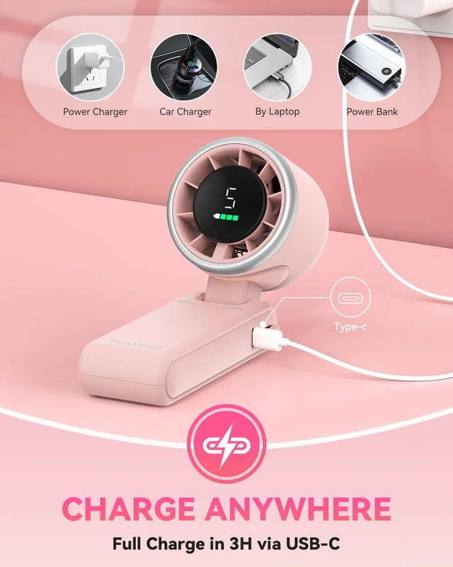 Alt view image 5 of 7 - Portable Handheld Turbo Fan, Travel Essentials, Gifts for Women/Men | 5-Speed, Up to 12H, 10m/s Airflow, USB-C Rechargeable, LED Display, 3-in-1 Foldable Personal Fan for Cruise, Beach, Vacation
