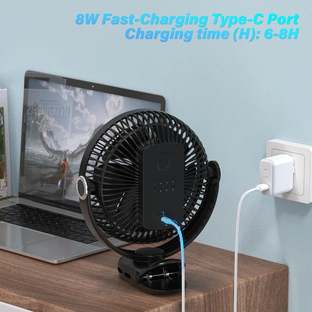 Alt view image 3 of 7 - Clip on Fan 30H Longest Runtime,8in Portable Fan Rechargeable | Strong Airflow,4 Speeds, Sturdy Clamp, Battery Operated Clip Fan for Office Golf Cart Travel Tent Outdoor Treadmill & Gym