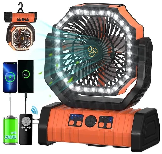 Main image of Camping Fan Battery Powered 20000mAh Outdoor Tent Fans - Orange | Portable Battery Operated Rechargeable Fan with Warm&Cold Lights, Hanging Hook, Timer, Oscillating, 4 Speeds, Remote Control