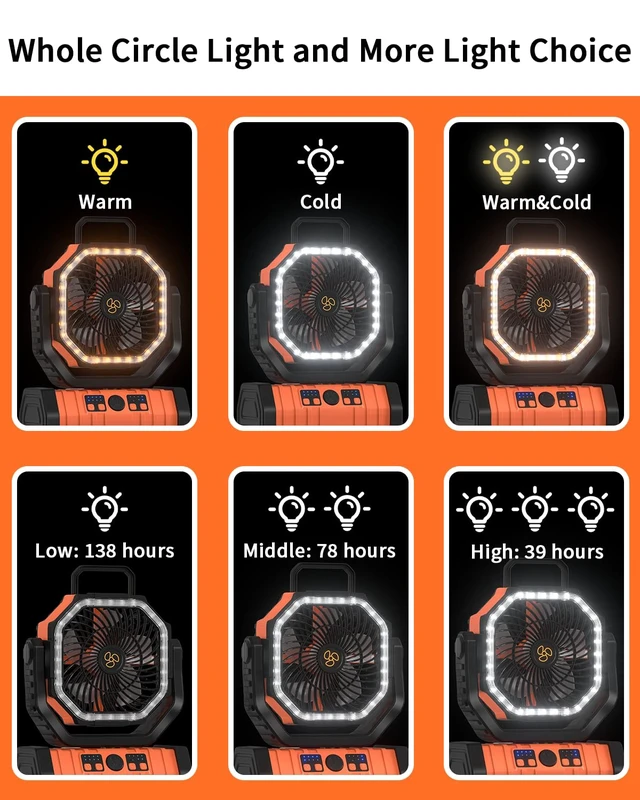 Alt view image 4 of 7 - Camping Fan Battery Powered 20000mAh Outdoor Tent Fans - Orange | Portable Battery Operated Rechargeable Fan with Warm&Cold Lights, Hanging Hook, Timer, Oscillating, 4 Speeds, Remote Control