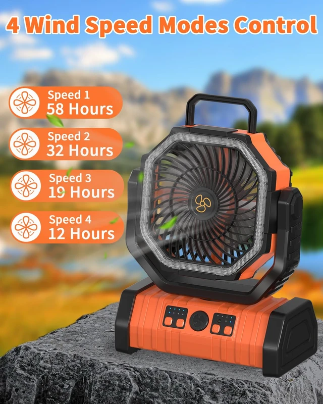 Alt view image 3 of 7 - Camping Fan Battery Powered 20000mAh Outdoor Tent Fans - Orange | Portable Battery Operated Rechargeable Fan with Warm&Cold Lights, Hanging Hook, Timer, Oscillating, 4 Speeds, Remote Control