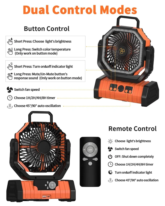 Alt view image 5 of 7 - Camping Fan Battery Powered 20000mAh Outdoor Tent Fans - Orange | Portable Battery Operated Rechargeable Fan with Warm&Cold Lights, Hanging Hook, Timer, Oscillating, 4 Speeds, Remote Control