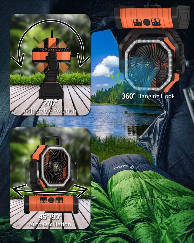 Alt view image 6 of 7 - Camping Fan Battery Powered 20000mAh Outdoor Tent Fans - Orange | Portable Battery Operated Rechargeable Fan with Warm&Cold Lights, Hanging Hook, Timer, Oscillating, 4 Speeds, Remote Control