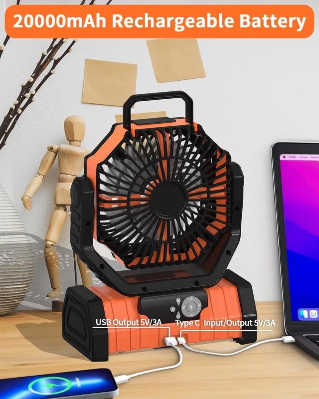 Alt view image 7 of 7 - Camping Fan Battery Powered 20000mAh Outdoor Tent Fans - Orange | Portable Battery Operated Rechargeable Fan with Warm&Cold Lights, Hanging Hook, Timer, Oscillating, 4 Speeds, Remote Control