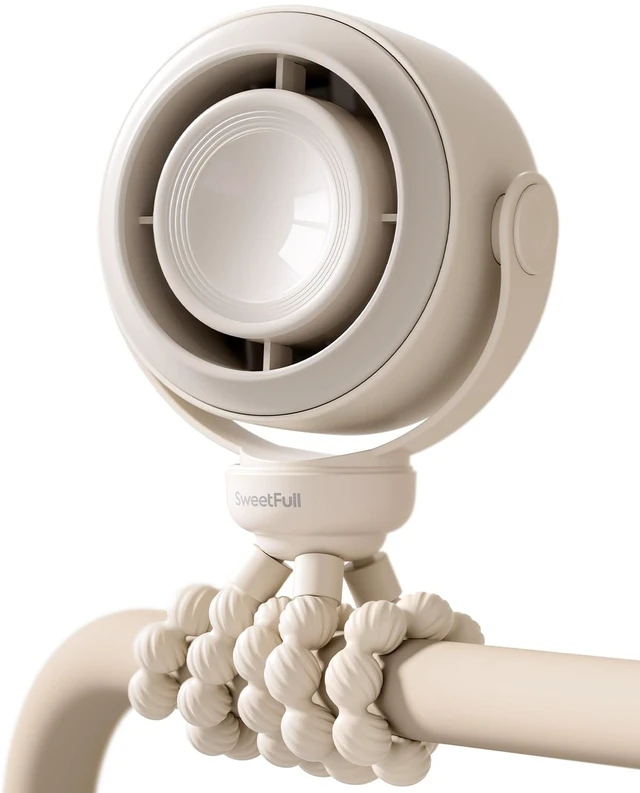 Main image of Portable Stroller Fan, Pinch-Proof Baby Fan - Cream | Wide Turbine Airflow; Safe Design; LED Display; 5-Speed; 30dB Quiet; USB-C Rechargeable; Mini Clip On Fan for Car Seat & Bed