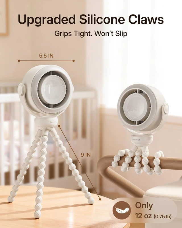 Alt view image 7 of 7 - Portable Stroller Fan, Pinch-Proof Baby Fan - Cream | Wide Turbine Airflow; Safe Design; LED Display; 5-Speed; 30dB Quiet; USB-C Rechargeable; Mini Clip On Fan for Car Seat & Bed