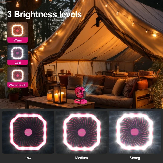 Alt view image 3 of 7 - Portable Camping Fan with Light, 20000mAh Rechargeable Battery Fan | Desk Fan with Auto Oscillation, Timer, Remote, 360° Rotation Hook, 4 Speeds for Power Outage Travel Home, Pink