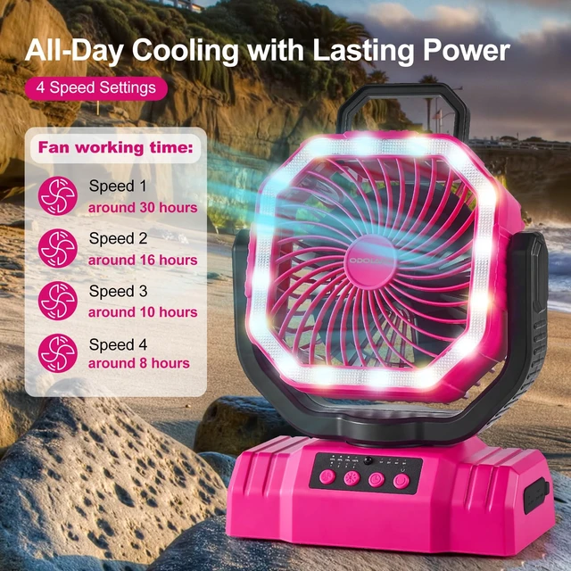 Alt view image 2 of 7 - Portable Camping Fan with Light, 20000mAh Rechargeable Battery Fan | Desk Fan with Auto Oscillation, Timer, Remote, 360° Rotation Hook, 4 Speeds for Power Outage Travel Home, Pink