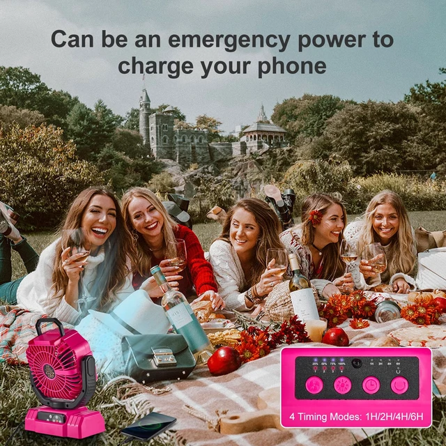 Alt view image 4 of 7 - Portable Camping Fan with Light, 20000mAh Rechargeable Battery Fan | Desk Fan with Auto Oscillation, Timer, Remote, 360° Rotation Hook, 4 Speeds for Power Outage Travel Home, Pink