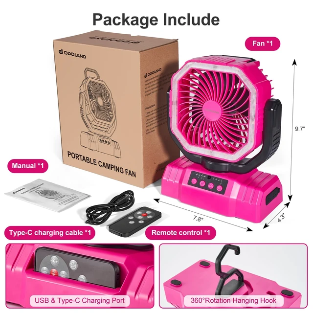 Alt view image 6 of 7 - Portable Camping Fan with Light, 20000mAh Rechargeable Battery Fan | Desk Fan with Auto Oscillation, Timer, Remote, 360° Rotation Hook, 4 Speeds for Power Outage Travel Home, Pink