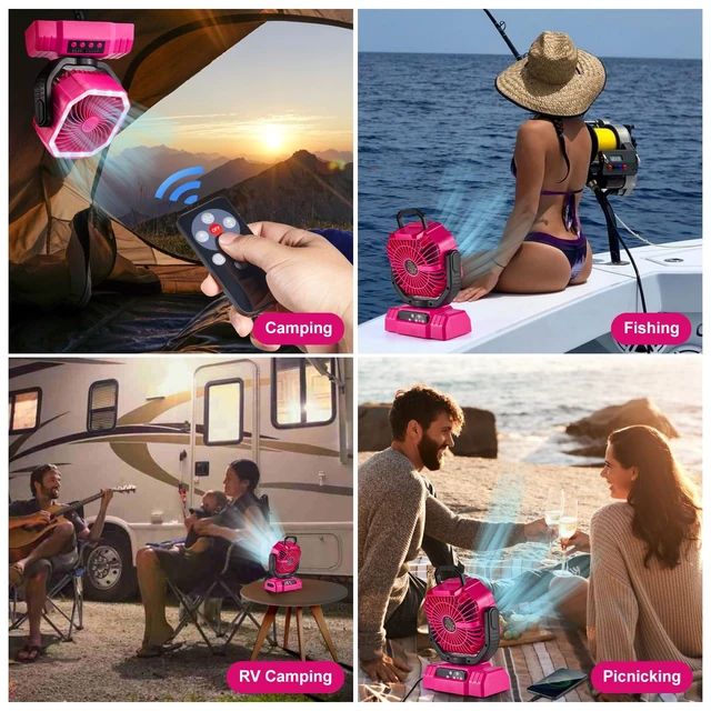 Alt view image 7 of 7 - Portable Camping Fan with Light, 20000mAh Rechargeable Battery Fan | Desk Fan with Auto Oscillation, Timer, Remote, 360° Rotation Hook, 4 Speeds for Power Outage Travel Home, Pink