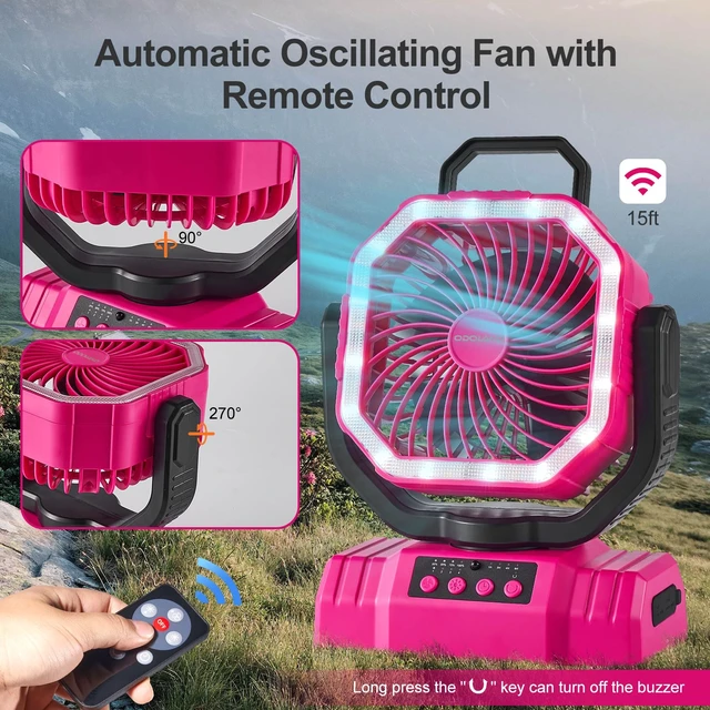 Alt view image 5 of 7 - Portable Camping Fan with Light, 20000mAh Rechargeable Battery Fan | Desk Fan with Auto Oscillation, Timer, Remote, 360° Rotation Hook, 4 Speeds for Power Outage Travel Home, Pink
