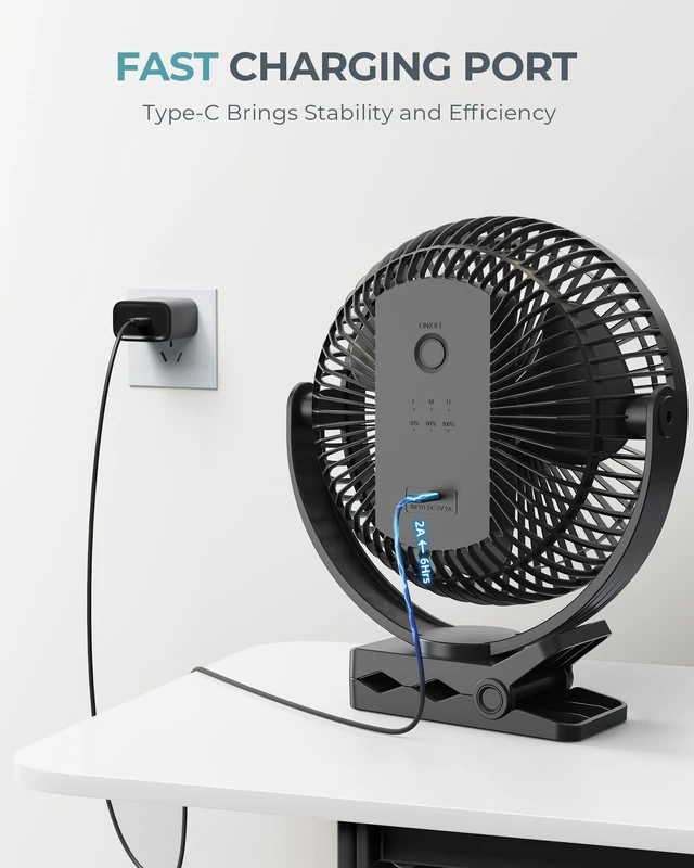 Alt view image 6 of 6 - 10000mAh Portable Clip on Fan, 8 inch, Rechargeable Battery, Black | 24 Hours Work Time, 4 Speeds, Ideal USB Fan for Golf Cart, Outdoor Camping, Travel, Home, Office, Treadmill
