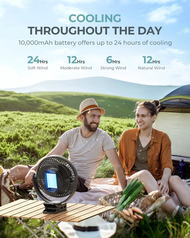 Alt view image 3 of 6 - 10000mAh Portable Clip on Fan, 8 inch, Rechargeable Battery, Black | 24 Hours Work Time, 4 Speeds, Ideal USB Fan for Golf Cart, Outdoor Camping, Travel, Home, Office, Treadmill