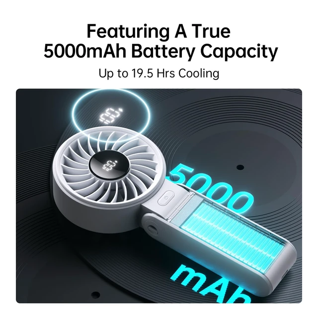 Alt view image 4 of 7 - Portable Handheld Fan Life7: 3-in-1 Hand, Desk & Neck Fan-Gery | 19.5H Max Cooling, 5-Speed, LED Display, 5000mAh Rechargeable,USB Foldable Fan for Travel/Concerts/Cruise/Sports Events/Gifts