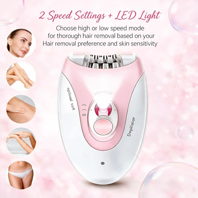 Alt view image 2 of 7 - Epilator,Smooth Glide Epilator for Women,Rechargeable 2 Speed Facial Hair Removal Device with LED Light & 36 Tweezers,Portable Electric Trimmer Device for Face,Bikini,Arms,Legs & Armpits(Pink)