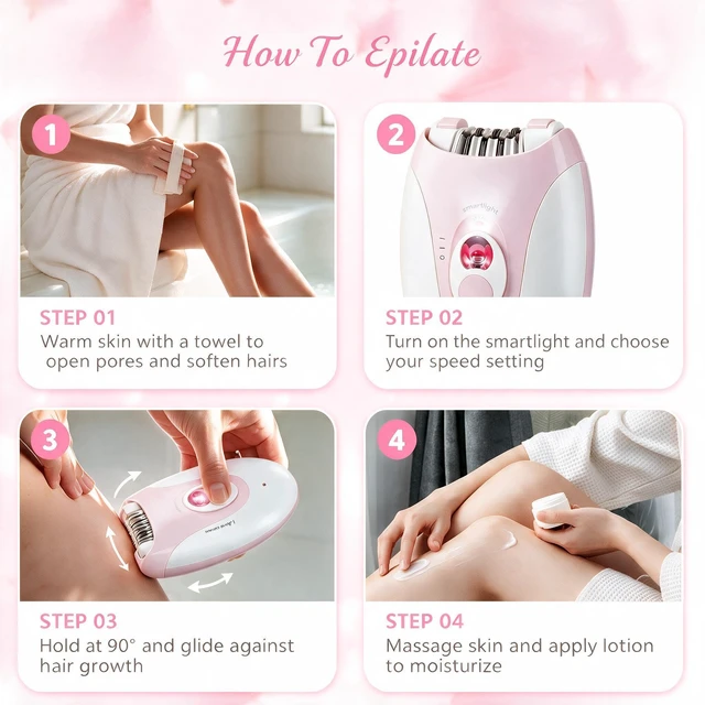 Alt view image 3 of 7 - Epilator,Smooth Glide Epilator for Women,Rechargeable 2 Speed Facial Hair Removal Device with LED Light & 36 Tweezers,Portable Electric Trimmer Device for Face,Bikini,Arms,Legs & Armpits(Pink)