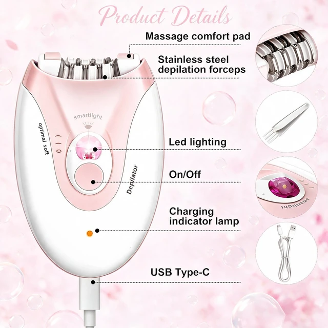 Alt view image 4 of 7 - Epilator,Smooth Glide Epilator for Women,Rechargeable 2 Speed Facial Hair Removal Device with LED Light & 36 Tweezers,Portable Electric Trimmer Device for Face,Bikini,Arms,Legs & Armpits(Pink)