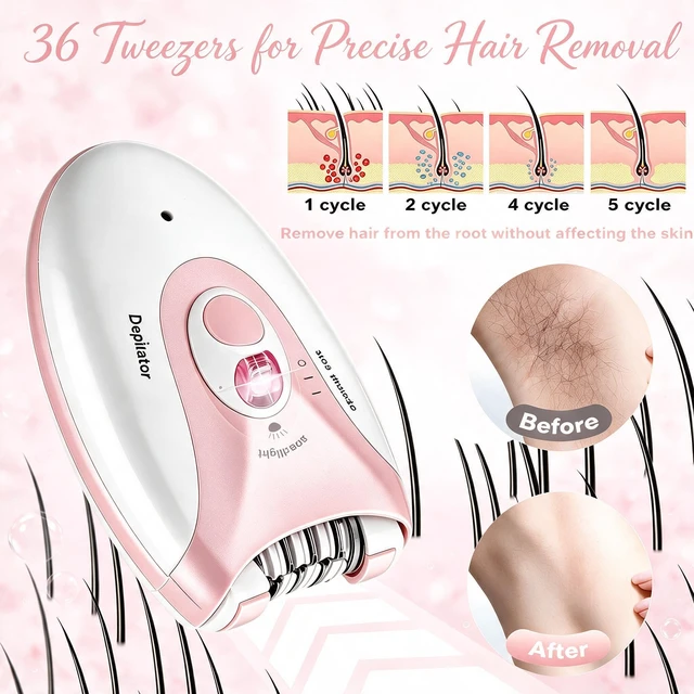 Alt view image 6 of 7 - Epilator,Smooth Glide Epilator for Women,Rechargeable 2 Speed Facial Hair Removal Device with LED Light & 36 Tweezers,Portable Electric Trimmer Device for Face,Bikini,Arms,Legs & Armpits(Pink)