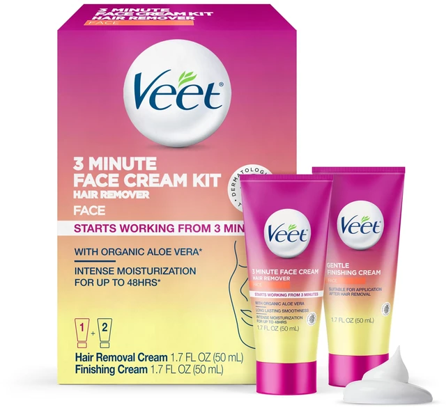 Main image of 3 Minute Facial Hair Removal Cream for Women, Depilatory Cream with Organic Aloe Vera, 2 Piece Women's Facial Hair Remover Kit, 1.7 Fl Oz Remover + 1.7 Fl Oz Finishing