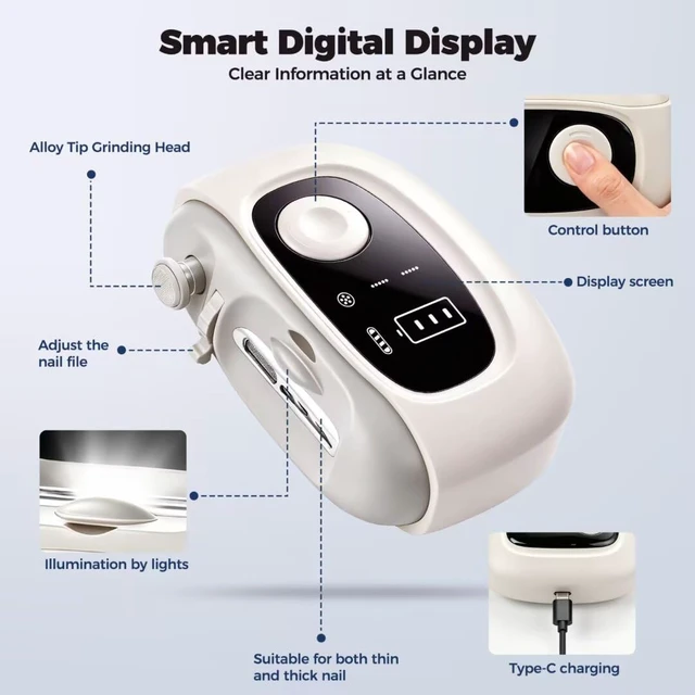 Alt view image 6 of 7 - 3-in-1 Electric Nail Clippers for Seniors, Rechargeable Nail Trimmer with Digital Display, Magnifying Glass & Light, Nail Filing & Polishing, Automatic Nail Clipper for Seniors, Women & Men (White)