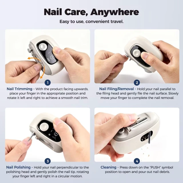 Alt view image 7 of 7 - 3-in-1 Electric Nail Clippers for Seniors, Rechargeable Nail Trimmer with Digital Display, Magnifying Glass & Light, Nail Filing & Polishing, Automatic Nail Clipper for Seniors, Women & Men (White)