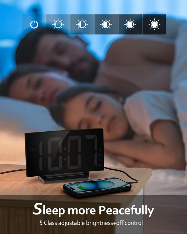 Alt view image 4 of 7 - Digital Alarm Clock for Bedrooms, Digital Clock for Kids | Night Mode, 5 Levels Brightness+Off, 2 Volume, 3 Alarm Tones, Snooze, USB Charging Port, Power-Off Memory, 12/24H/DST