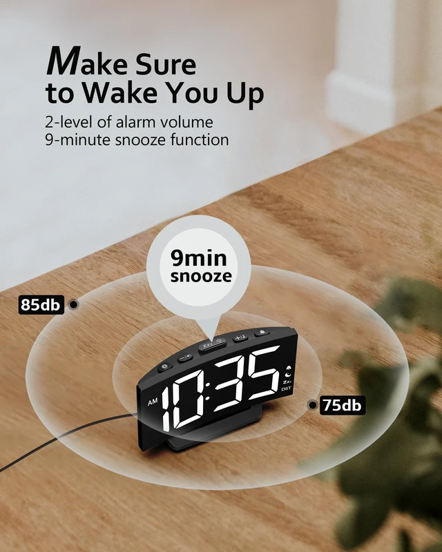 Alt view image 5 of 7 - Digital Alarm Clock for Bedrooms, Digital Clock for Kids | Night Mode, 5 Levels Brightness+Off, 2 Volume, 3 Alarm Tones, Snooze, USB Charging Port, Power-Off Memory, 12/24H/DST