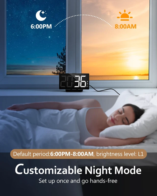 Alt view image 6 of 7 - Digital Alarm Clock for Bedrooms, Digital Clock for Kids | Night Mode, 5 Levels Brightness+Off, 2 Volume, 3 Alarm Tones, Snooze, USB Charging Port, Power-Off Memory, 12/24H/DST
