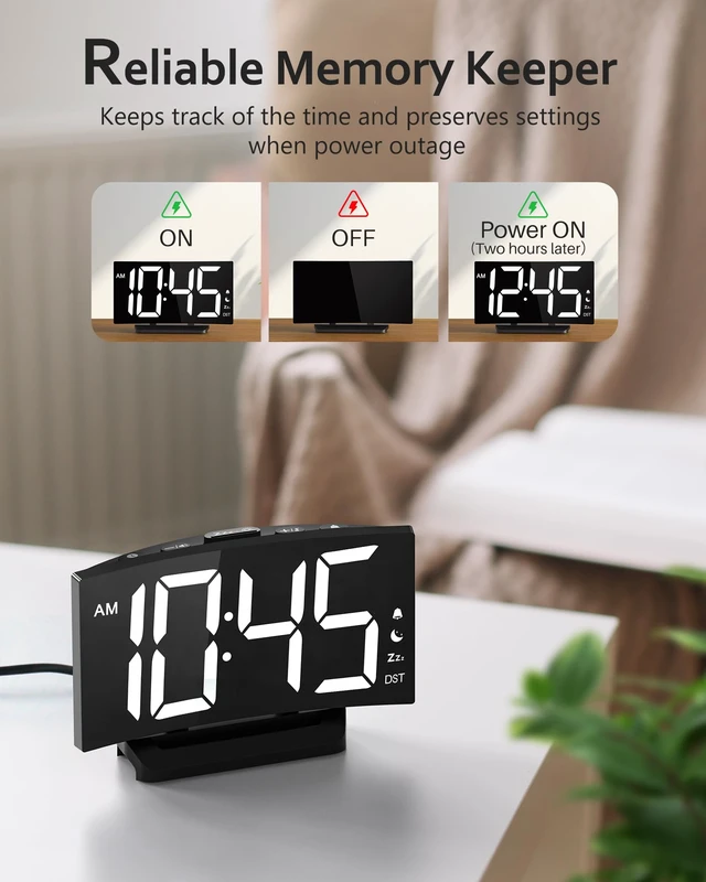 Alt view image 7 of 7 - Digital Alarm Clock for Bedrooms, Digital Clock for Kids | Night Mode, 5 Levels Brightness+Off, 2 Volume, 3 Alarm Tones, Snooze, USB Charging Port, Power-Off Memory, 12/24H/DST