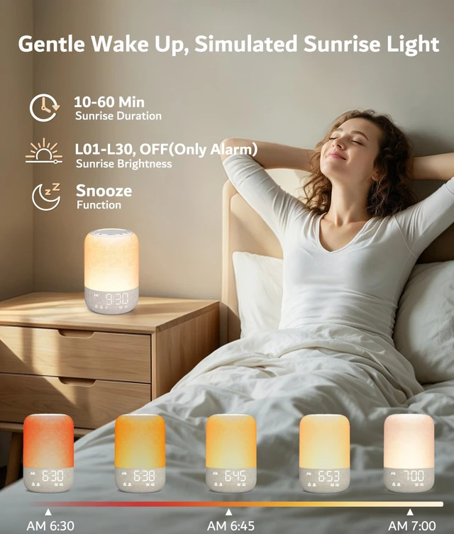 Alt view image 3 of 7 - Sunrise Alarm Clock, Wake Up Light with 2 Alarms, White Noise Machine | 25 Soothing Sounds, Bluetooth Speaker, Sunrise/Sunset Simulation, 12 Colors Nightlights for Heavy Sleepers Adults Bedroom