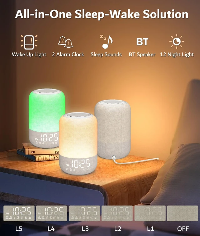 Alt view image 2 of 7 - Sunrise Alarm Clock, Wake Up Light with 2 Alarms, White Noise Machine | 25 Soothing Sounds, Bluetooth Speaker, Sunrise/Sunset Simulation, 12 Colors Nightlights for Heavy Sleepers Adults Bedroom